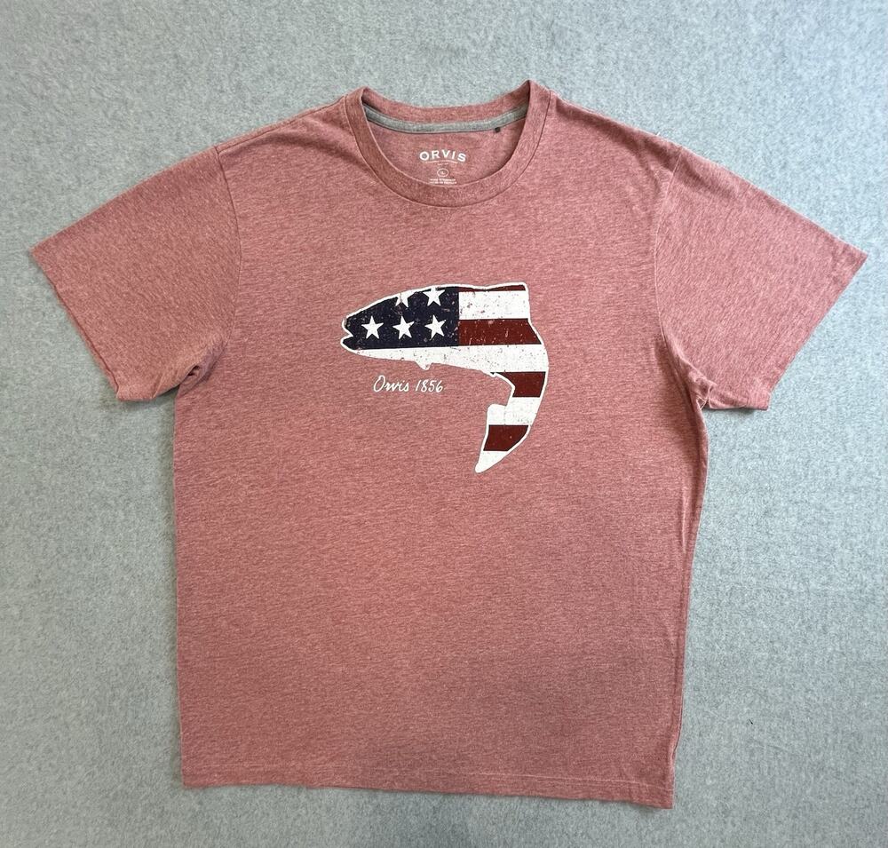 Orvis Shirt Men’s Size Large Red Heather Soft T-Shirt Fishing American Patriotic